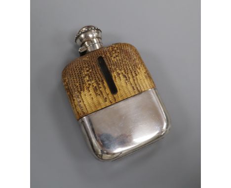 A George V silver and lizard skin mounted glass hip flask, James Dixon &amp; Sons, Sheffield, 1934, 15.2cm.