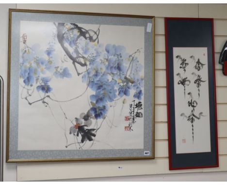 Chinese School Study of blossom, 68 x 68cm and a calligraphic scroll