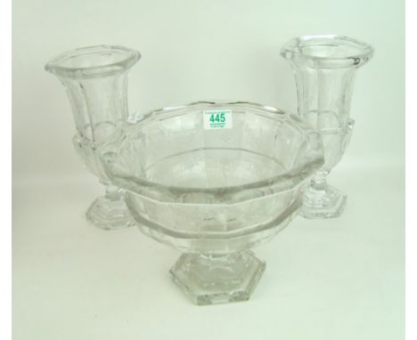 Goebel crystal footed bowl and vases: Bowl height 20cm and matching pair of vases, height 28cm. (3) 