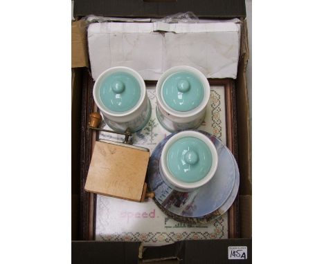 A mixed collection to include: 3 framed needlework samplers, ceramic tea, coffee and sugar storage jars, coffee grinder and w