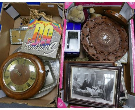 A mixed collection of items to include: picture frames, wall sconces, silver plates items, oak framed mantle clock etc(2 tray