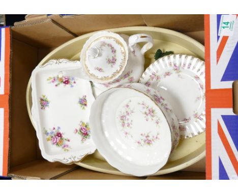 A mixed collection of items to include: Royal Albert moss rose side plates, damaged dimetry tea pot, chelsea garden platters 
