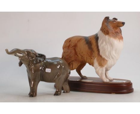 Royal Doulton Seconds figure of Collie Dogon pinth: together with Beswick Elephant, trunk in salute(2) 