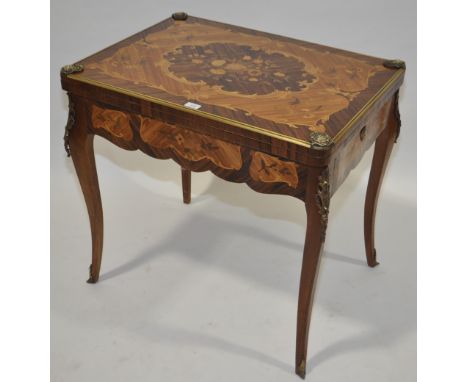 A reproduction French marquetry inlaid foldover card table on cabriole legs, 2'7" x 23".