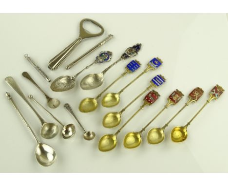 Various silver and enamel teaspoons, bottle opener, swizzle stick, etc.