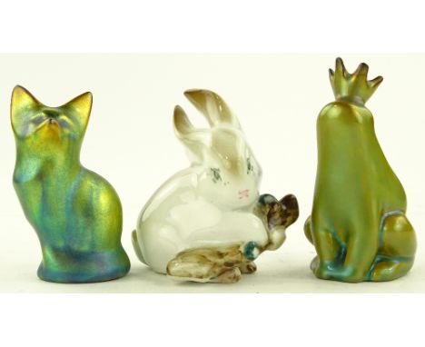 A Zsolnay lustre glazed porcelain fox, height 6.5cm and 2 other Zsolnay porcelain animals, (3).