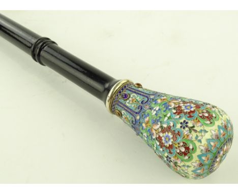 An ornate Russian silver and champlevee enamel handled walking cane, inset stone frieze, marked 84, handle length 10cm.