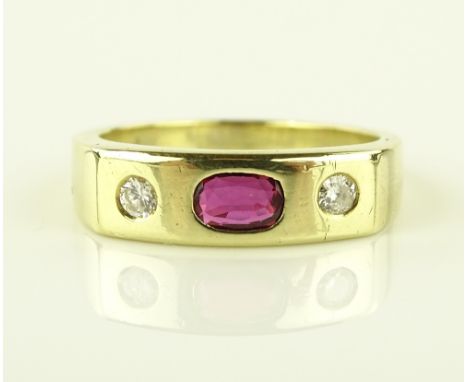 A heavy 14ct gold 3 stone ruby and diamond set ring, setting height 5.7mm, size P, 5.4g.