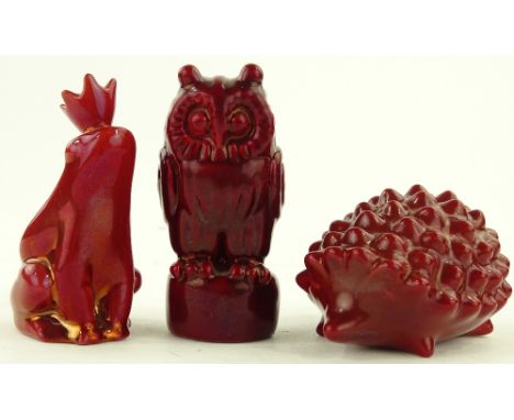 3 Zsolnay flambe glazed animals, owl height 8cm, (3).
