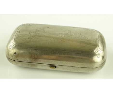 A 19th century Russian silver cigar case, with engraved Troika scene, Russian marks, length 11cm, 4.6 oz.