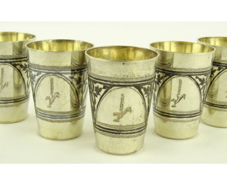 A set of 6 Russian silver and niello drinking tots, Russian marks and stamped 875, height 5cm.