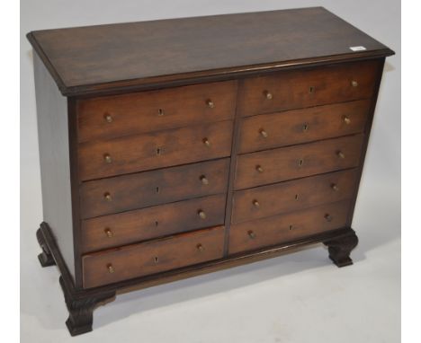 An Edwardian mahogany collector's chest of 10 short drawers on carved bracket feet, width 2'9", height 2'3".