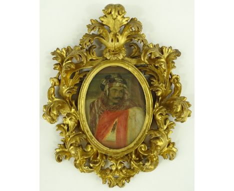 A 19th century carved giltwood Florentine frame, containing a 19th century oil on board, portrait of an Arab by Lady Anne Blo