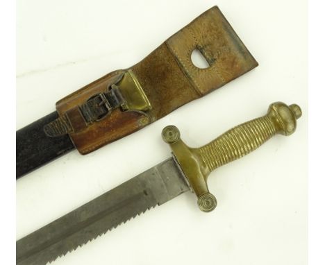 A 19th century Pioneer sword, with saw back blade and brass cross hilt, original scabbard.