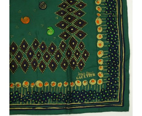 Jean Paul Gaultier, Paris rare silk scarf, geometric pattern in green/gold, width 85cm.