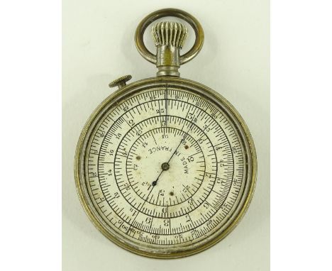 A French nickel plate map reader's pocket distance calculator, double dial, case diameter 5cm.