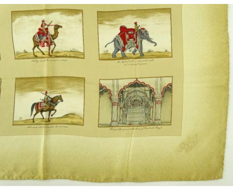 A Burberry London silk scarf, new with tag, scenes in India, width 87cm.