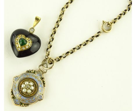 An unmarked gold enamel pearl and diamond pendant on chain, together with a gemstone set heart pendant, (2).