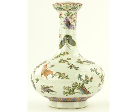 A Chinese porcelain Famille Rose narrow necked vase, hand painted butterflies and blossom, painted seal mark under base, heig