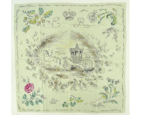 Oliver Messel silk scarf, made by Cresta Silks for the Coronation of Queen Elizabeth II, width 88cm.