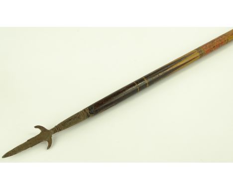 A continental Ceremonial staff/halberd, painted wood shaft and metal blade, length 2.18M, together with a similar painted sti