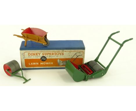 Dinky Supertoys lawn mower no. 751, boxed, garden roller and wheelbarrow, (unboxed), (3).
