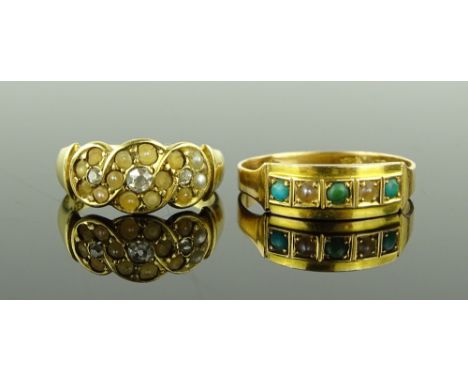 An 18ct gold pearl and diamond ring, size N, and a 15ct gold turquoise and pearl ring, size R, (2), total weight 6.3g.