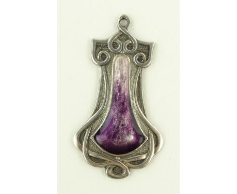 An Art Nouveau Queensway sterling silver and purple enamel stylised pendant, height 44.3mm, 6.3g.