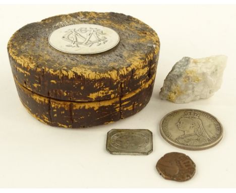 An Antique cork snuff box with engraved plaque and horn spoon, diameter 10cm, a natural rock specimen with a seam of gold and