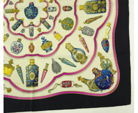 Hermes Paris silk scarf, scent bottles design, 89cm across.