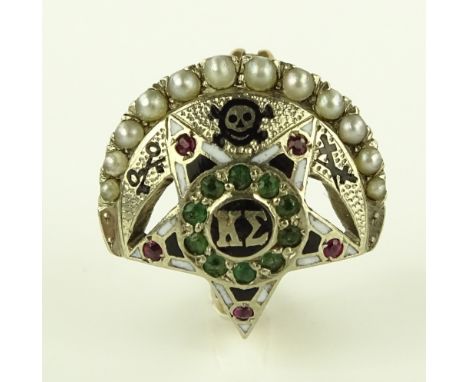 An unusual Russian pearl, emerald, ruby and enamel set brooch/pin, with applied cross keys, skull and cross bones and crossed