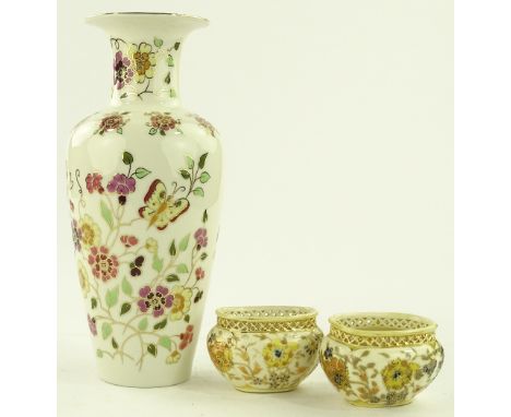 A Zsolnay porcelain vase, height 27cm and a pair of small Zsolnay oval pots with pierced gilded rims, length 8.5cm, (3).