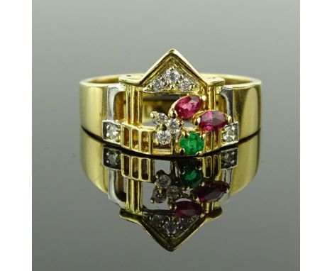 An 18ct gold emerald, ruby and diamond set dress ring, in the form of a Temple front, setting height 10.1mm, size M, 3.7g.