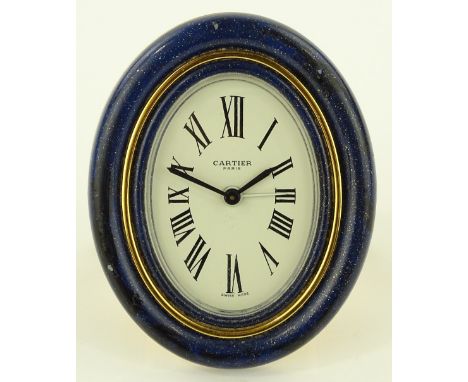 A modern Cartier lapis enamelled cased travelling clock, height 9cm.