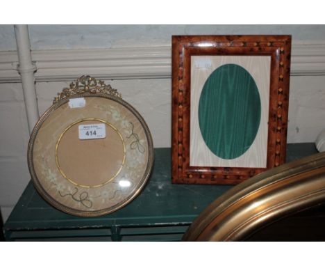 Attractive circular gilt photograph frame with tapestry mount , together with a wooden inlaid photograph frame
