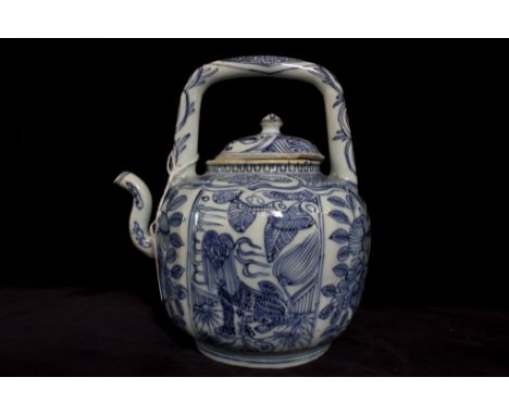 A Chinese blue and white wine pot, of faceted form with floral and dog panels, 18cm high, with R&G McPherson label, described