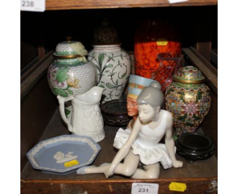 A Nao figure of a seated ballerina, two enamel vases and covers and various other ornaments