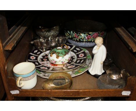 A Royal Doulton 'Darling' figure, a Royal Crown Derby plate, Spode plate, Minton vase and plated wares 