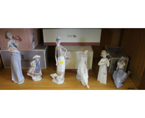 Three Lladro figures: 5221 Sweet Scent, 1035 Girl with Geese, both boxed, and a girl playing the ukulele; three Nao figures: 