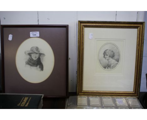 S.H. Evans 1924 pencil portrait of a young farmer girl, 27cm x 22cm, together with an unsigned watercolour study of an elegan