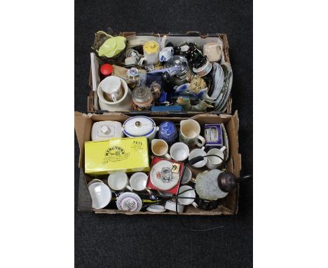 A box of assorted china : Ringtons, beer steins, table lamp etc 