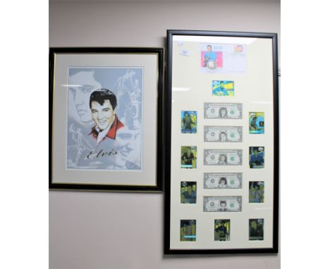 A framed Elvis Presley card, banknote, coin and first day cover montage together with a further framed limited edition print 