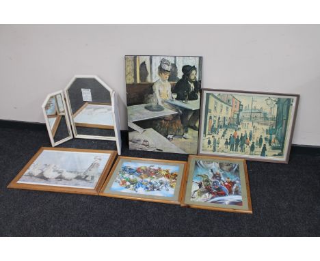 A triple dressing table mirror together with a framed marvel print, Lowry print and two others 