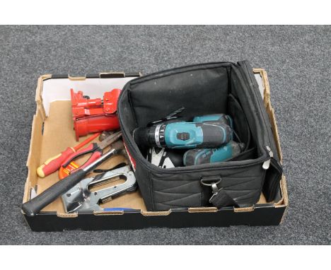 Three Makita drills, hydraulic bottle jack, hammer and hand tools 