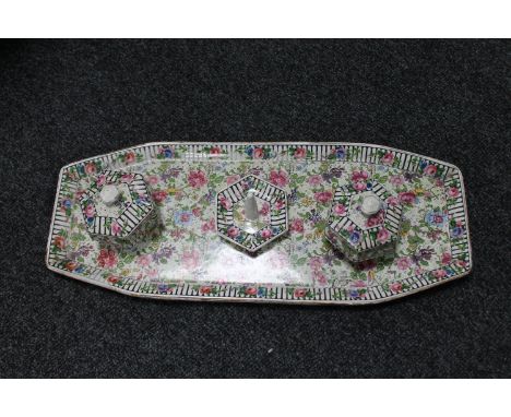 An antique Tills &amp; Sons Burslem china trinket tray, two lidded pots and a ring stand 