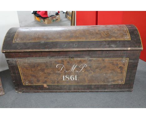 A 19th century hand painted domed topped shipping trunk  CONDITION REPORT: 140cm wide by 60cm deep by 70cm high. Section of w