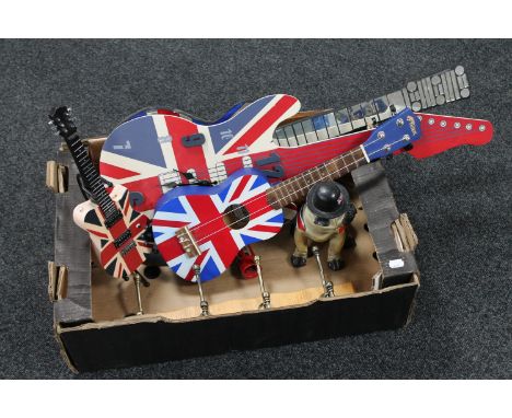 A box of Tiger ukulele, Union Jack guitar mosaic mirror and clock, coat hooks etc 