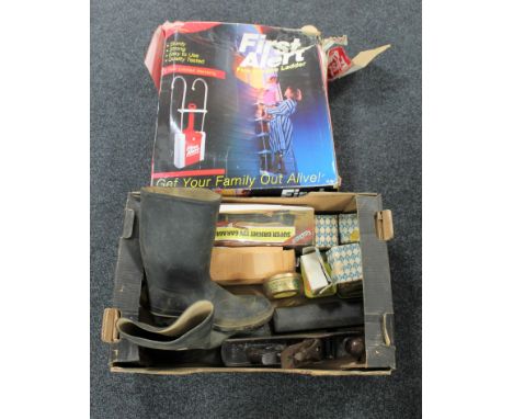 A First Alert fire escape ladder and a box of Stanley woodworking plane, inspection lamp, screws etc 