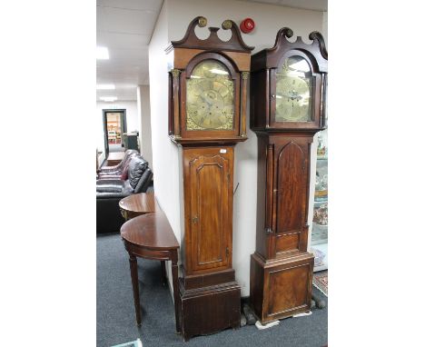 An antique mahogany longcase clock with later eight day movement with brass dial signed John Johnston, with pendulum and weig