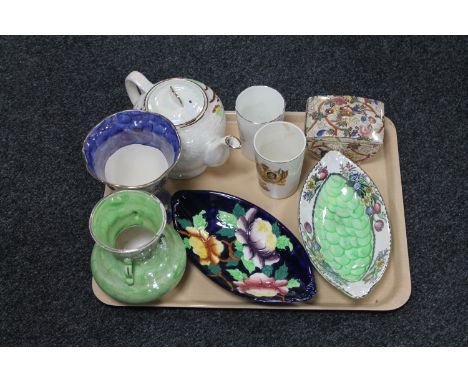 A tray of Maling ware : trinket dish, vase, shallow dish and two commemorative beakers 